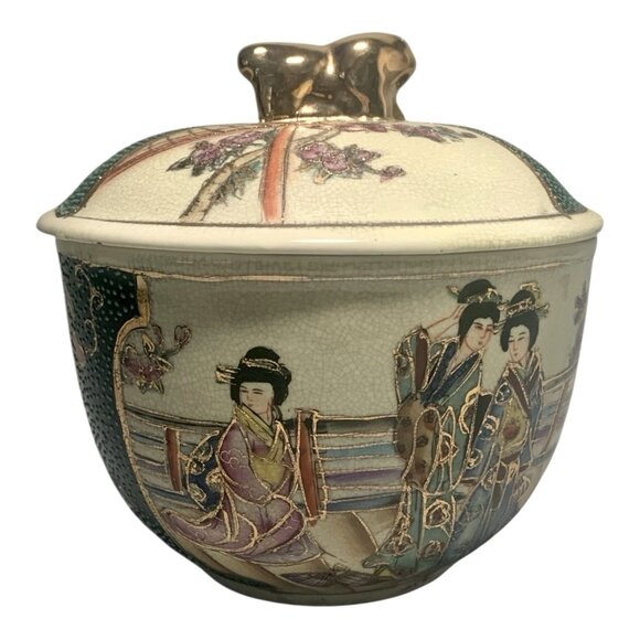Royal Satsuma Vintage Hand-Painted Geisha Bowl with Lid Japanese Pottery 6"x6" - Picture 2 of 6